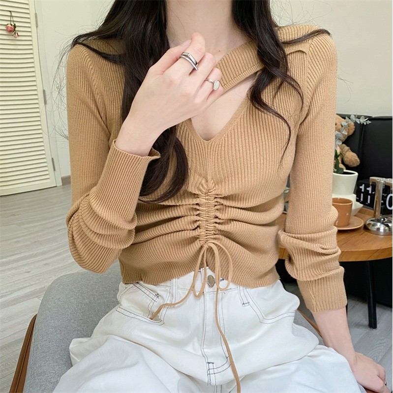 Áo Dệt Kim Cổ Chữ v Dáng Ngắn Phối Dây Rút Phong Cách Thời Trang Hàn Quốc Dành Cho Nữ
