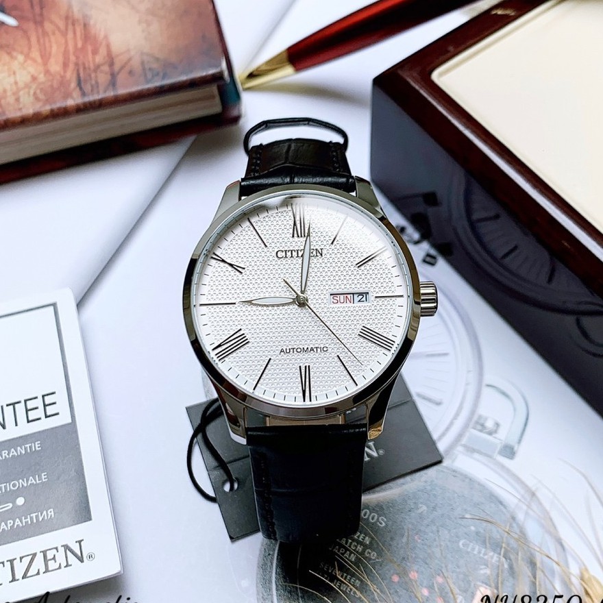 Đồng hồ Nam chính hãng Citizen Automatic NH8350-08A Size 40,Mặt trắng,Lịch-Máy cơ tự động-Dây da đen cao cấp