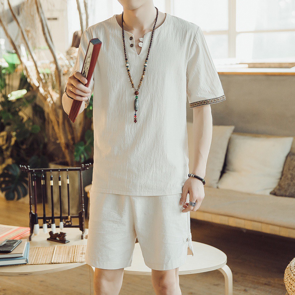 DY12*2019Summer Men's Cotton and Linen Short SleeveTT-shirt Suit Large Shorts Two-Piece Suit for Men Gray * P45