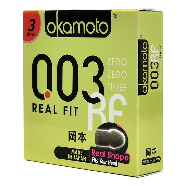 Bao cao su Okamoto 0.03 Real Fit, Mỏng Với Khả Năng Co Rút Giúp Ôm Sát (Hộp 3C)