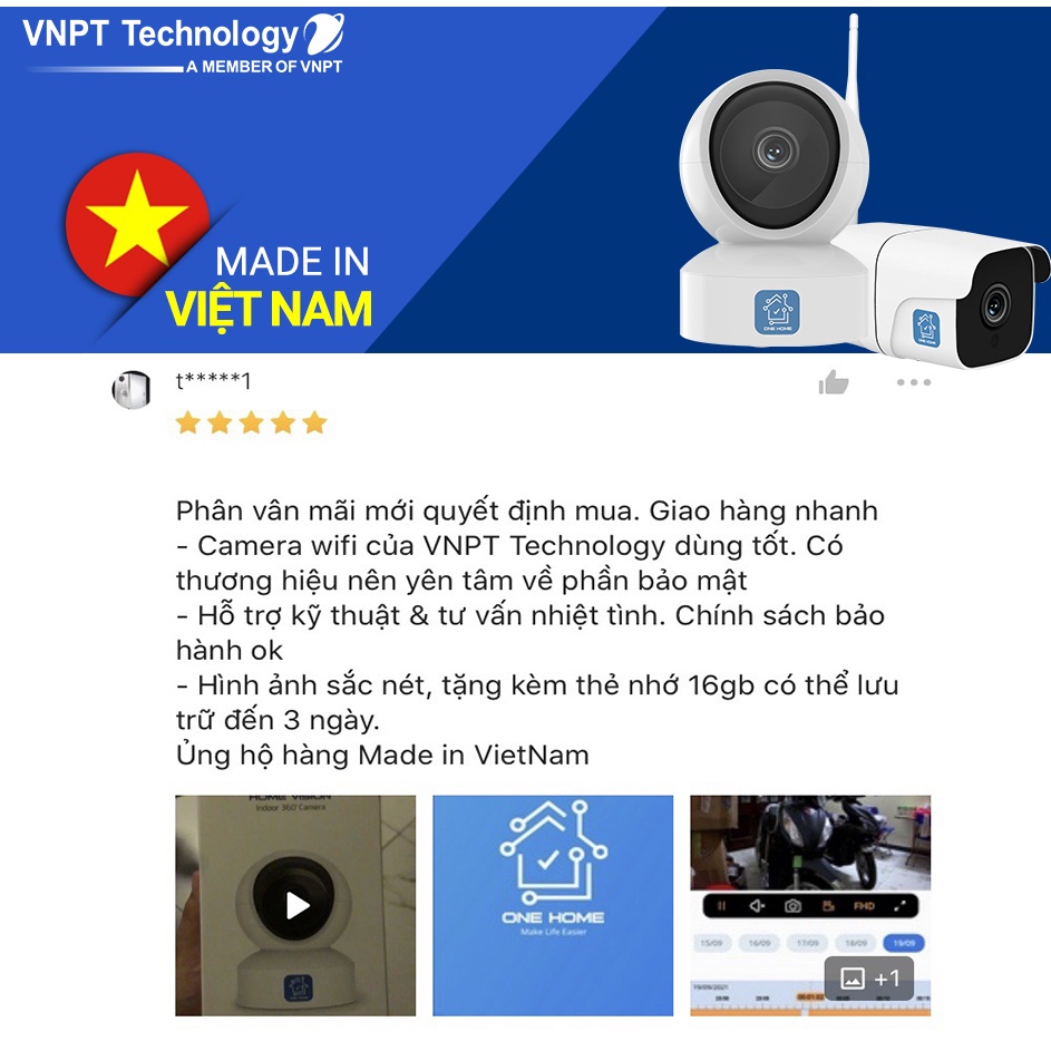 [Mã BMBAU300 giảm 7% đơn 499K] Camera IP Wifi VNPT Technology ONE HOME HVIP01 xoay 360 kèm thẻ 16Gb hàng Việt Nam