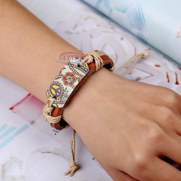 Vòng tay da PU mặt hợp kim hình hoa phong cách vintage