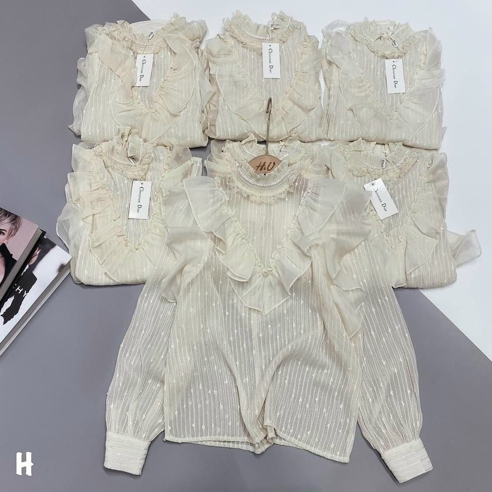 [Mã FASHIONGREEN hoàn 10% tối đa 50K xu đơn 300K] Áo sơ mi bèo viền kim tuyến hàng đẹp - Áo sơ mi tơ viền bèo cổ ngọc | BigBuy360 - bigbuy360.vn