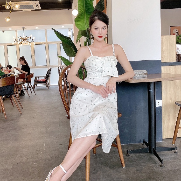 Váy 2 dây hoa ngực nơ V385 KYMIE