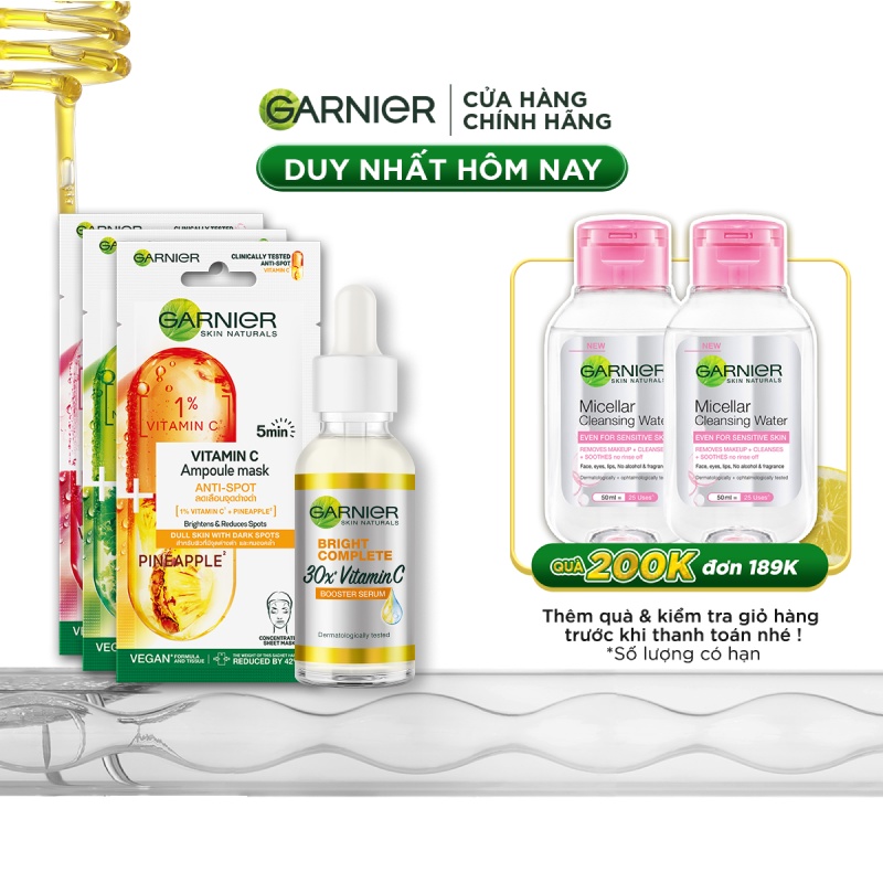 Bộ sản phẩm tinh chất cô đặc chăm da Garnier Serum 30ml x 3 Garnier Masks 15g