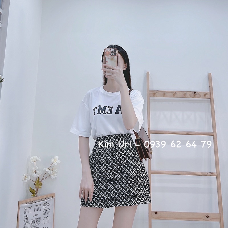 [Sẵn] Set áo thun tay con + chân váy A dạ tweed có sẵn lót quần