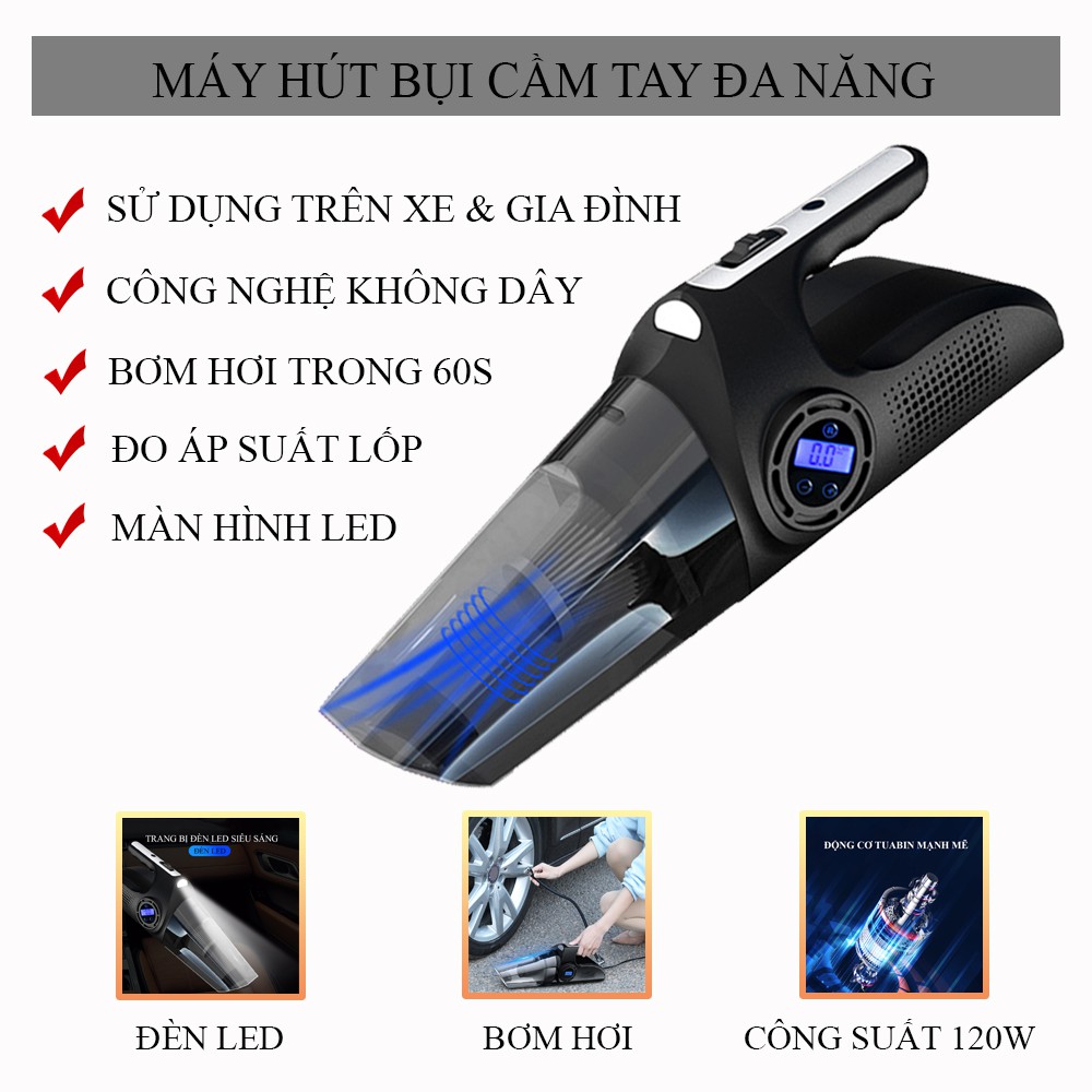 Máy hút bụi, máy hút bụi cầm tay mini kiêm bơm lốp 4 in 1 hút bụi ô tô, sàn nhà, nhỏ gọn, hút mạnh Bảo hành 2 năm