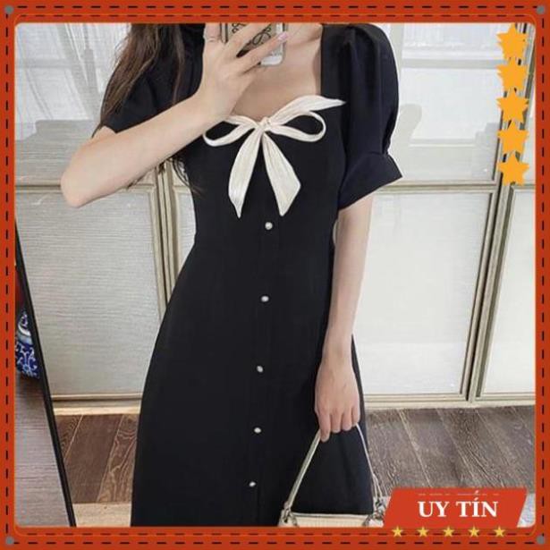Đầm xoè tiểu thư đen phối nơ cổ Eva_home_fashion | BigBuy360 - bigbuy360.vn