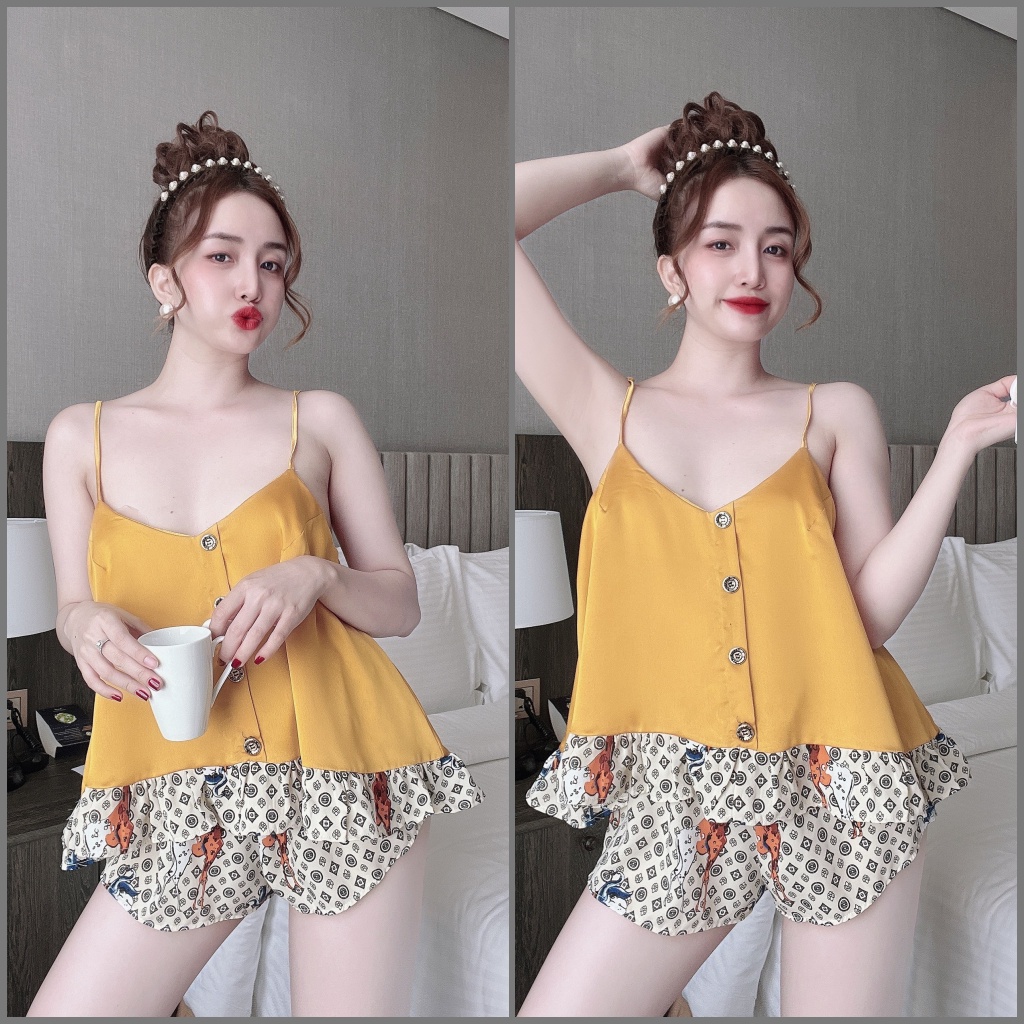 Đồ ngủ 2 dây nữ { FREE SHIP } Bộ Mango 4 Nút Phối Satin -Áo Bèo  40-70 kg