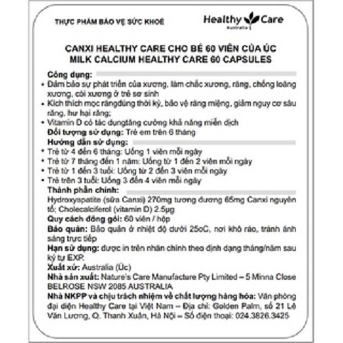 Viên sữa Canxi Healthy Care Úc - Bổ sung Canxi & vitamin D3 cho bé giúp phát triển chiều cao (60 viên)