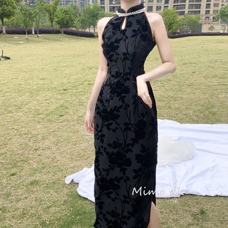 Đen Đầm Sườn Xám Cách Tân Không Tay Cổ Đính Ngọc Trai Phong Cách Trung Hoa Dành Cho Nữ 7 Ngày