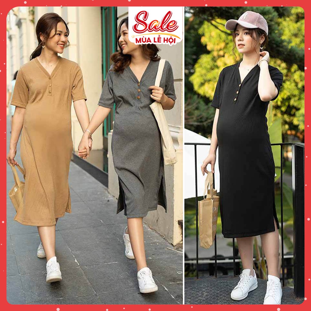 Váy bầu thu đông V-neck Dress len tăm cúc thật dễ dàng cho bé tuti thiết kế bởi LAMME