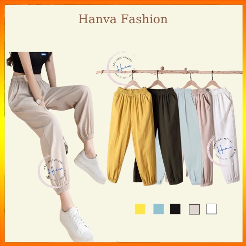 Quần Jogger Nữ Dáng Dài Chất Đũi Mềm Mịn Cạp Chun Cao Bo Gấu Hanva