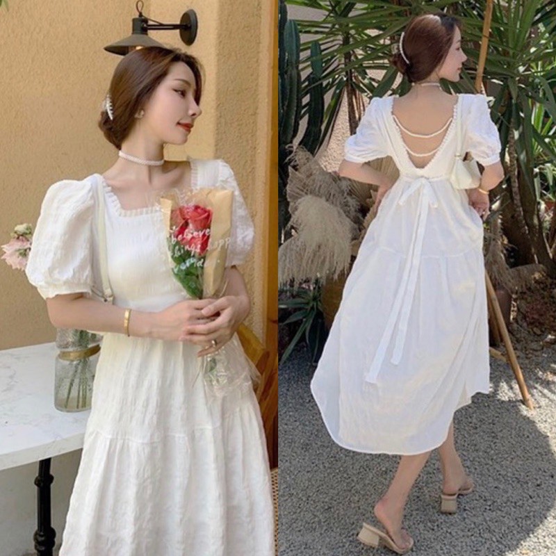 ĐẦM MIDI TRẮNG CỔ VUÔNG VIỀN REN DÂY CHUỖI NƠ LƯNG thời trang hàn quốc