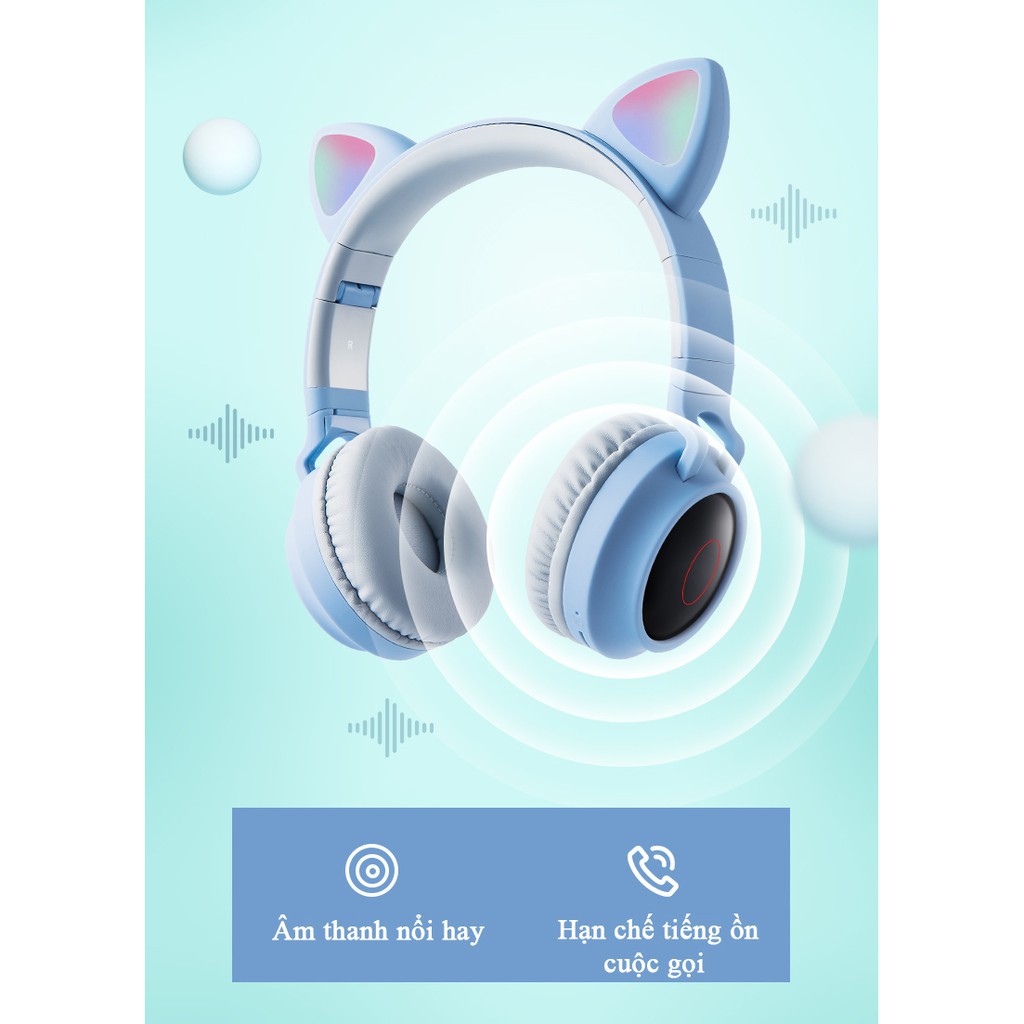 Tai nghe bluetooth chụp tai mèo, headphone mèo dễ thương có mic, âm bass mạnh mẽ dung lượng pin khủng bào hành 12 tháng