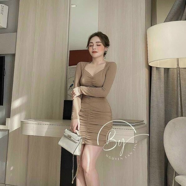 Đầm nữ ôm body dễ thương, tay dài cổ tim tôn dáng mọi góc nhìn thời trang Bella Luu Shop