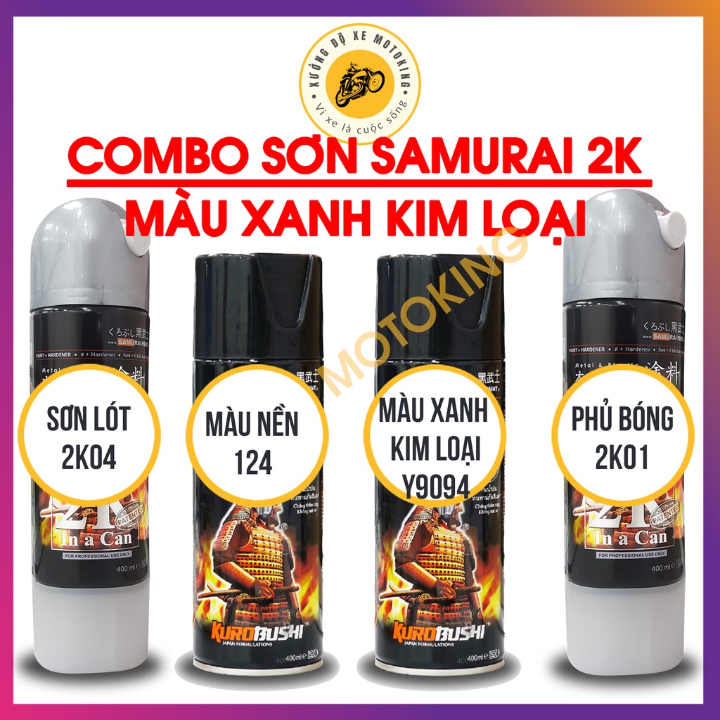 Combo sơn Samurai màu xanh ánh kim Y9094 loại 2K chuẩn quy trình độ bền 5 năm gồm 2K04 - 124- Y9094 -2k01