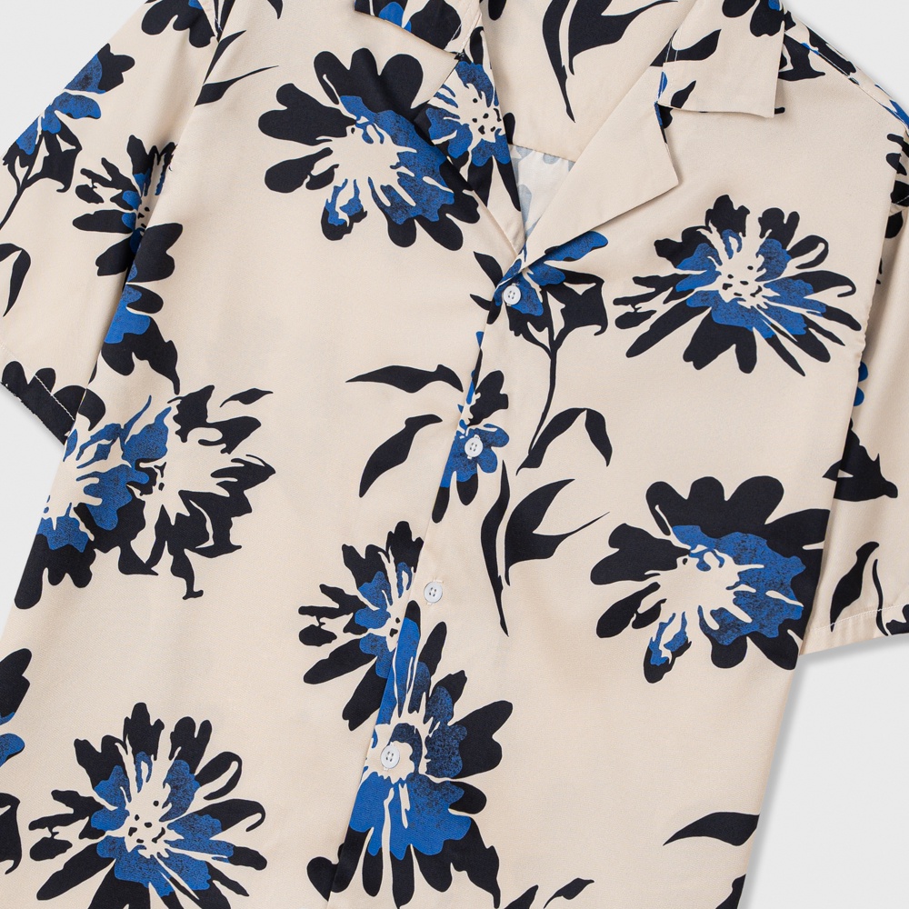 Áo sơ mi ngắn tay DEWE, vải lụa chéo nhập khẩu chống nhắn thoáng mát, hoạ tiết Hoa Đen - DEWE Cuban Shirt