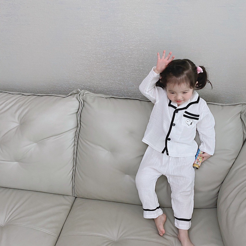 Pijama cho bé, bộ pijama đũi xốp chạy né họa tiết chú chó trên túi ngực cho bé trai bé gái