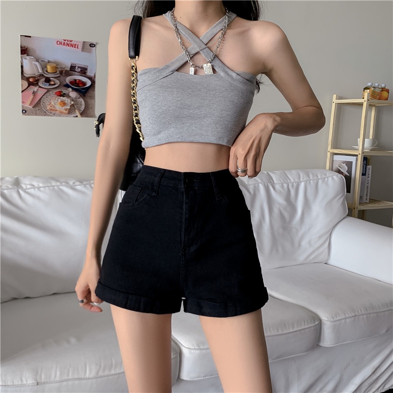 Quần Đùi jeans Lưng Cao Ống Rộng Phong Cách Hàn Quốc Thời Trang Cho Nữ