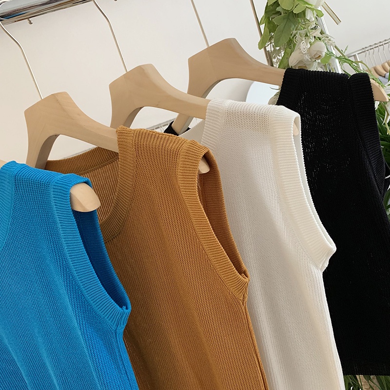 Áo sát nách XIAOZHAINV dệt kim vải lụa lạnh cổ tròn phong cách Hàn Quốc retro 4 màu lựa chọn dễ thương cho nữ