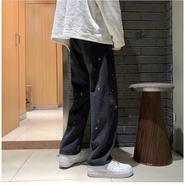 Quần jean dài dáng rộng thêu họa tiết ngôi sao cá tính thời trang dành cho nam