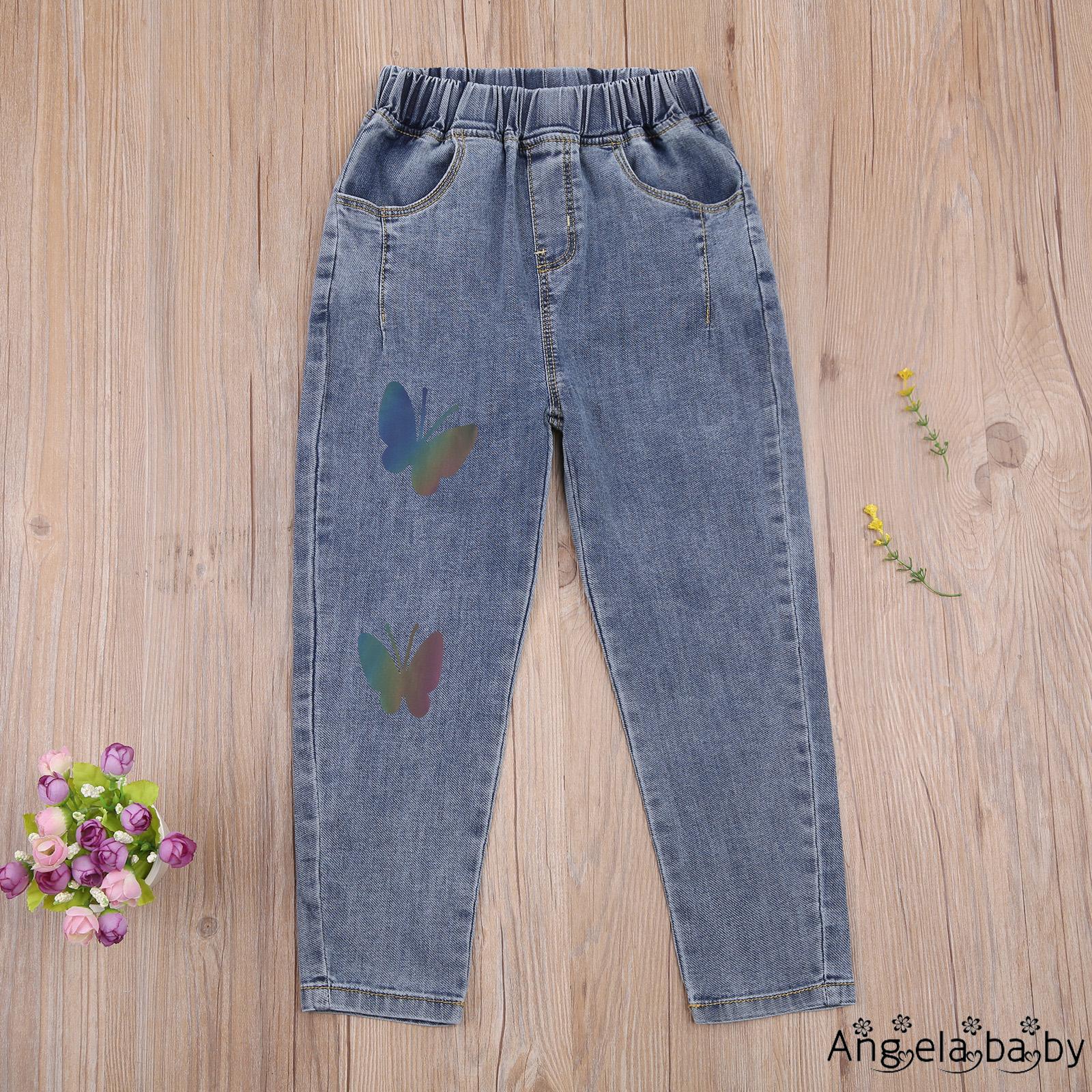 Quần Jeans Dài Lưng Thun Họa Tiết Bướm Thời Trang Cho Nữ