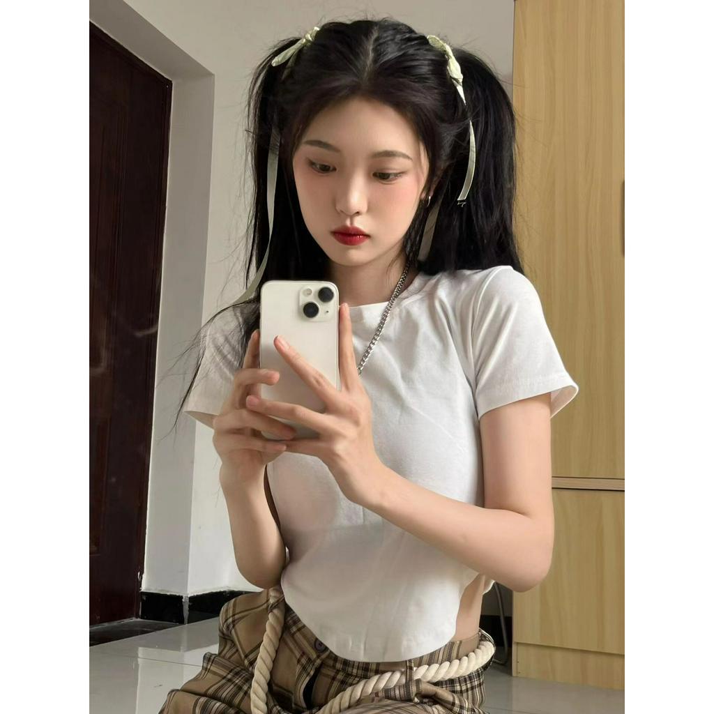 Ethelgirl Áo Thun Tay Ngắn Cổ Tròn Màu Trắng Thời Trang Hàn Quốc Cho Nữ