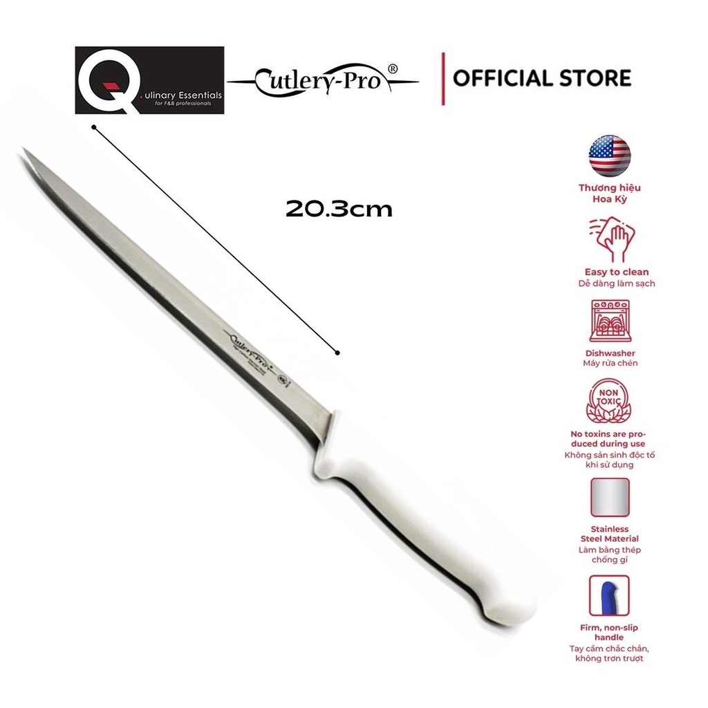 Dao Lóc Xương Cutlery-Pro Lưỡi Thẳng Cán Trắng 203Mm