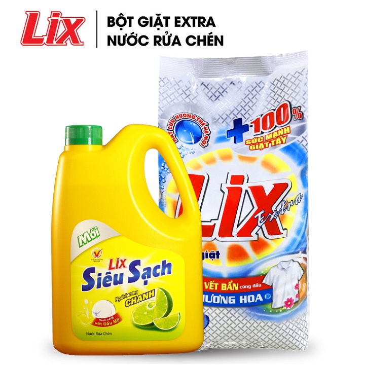 COMBO Bột giặt Lix Extra hương hoa 2.4Kg + Nước rửa chén Lix siêu sạch hương chanh 1.4Kg (COMBO 8)