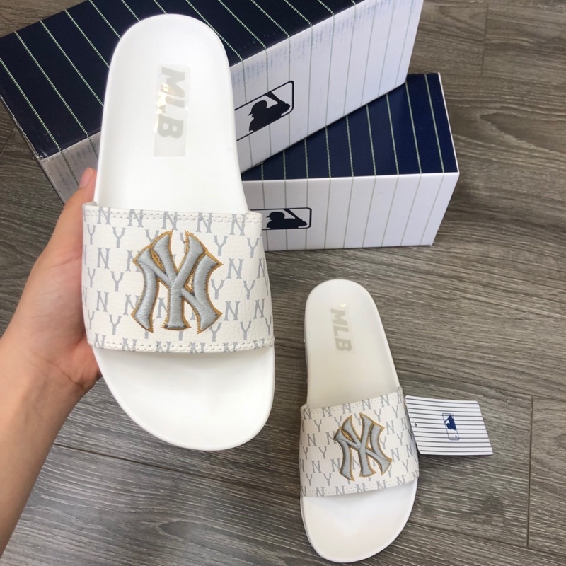 Dép MLB Quai Ngang Xám Nhạt Logo Thêu Full Size Nam Nữ