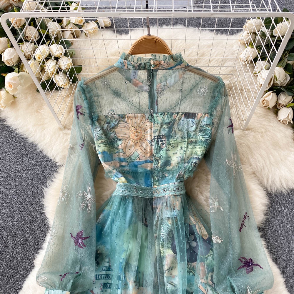 Váy xanh dài tay dáng dài thêu hoa nhẹ nhàng sang trọng  080522