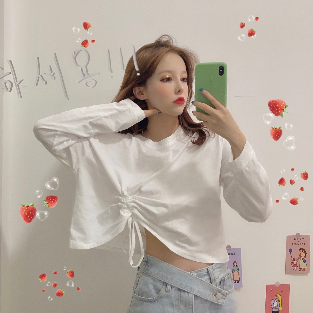 Áo Thun Tay Dài Cổ Tròn Dáng Rộng Màu Trơn Phối Dây Rút Thời Trang Cho Nữ áo phông nữ JL-TX-19