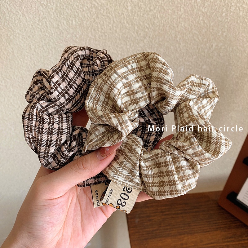 Cột Tóc Vải Scrunchies Sọc Caro Nâu Đen Đơn Giản Thời Thượng Hàn Quốc S31