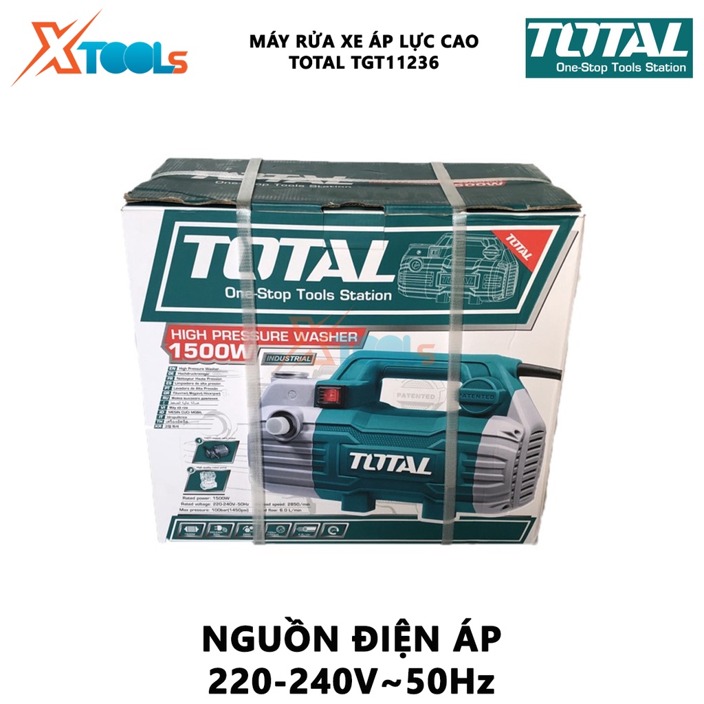 Máy rửa xe TOTAL TGT11236 thiết bị vệ sinh xe điện thế 220-240V~50Hz 1500W, Áp suất tối đa 100Bar đánh bay bụi bẩn