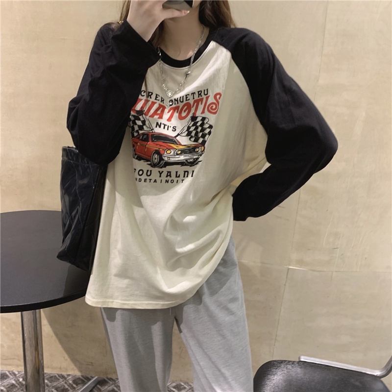 Áo Thun Raglan Cổ Tròn Dài Tay Dáng Rộng In Màu Sắc Tương Phản Phong Cách Retro Mùa Thu 55774