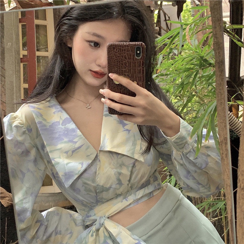 Áo sơ mi tay dài cổ chữ V phong cách Hàn Quốc thời trang trang nhã mùa hè cho nữ