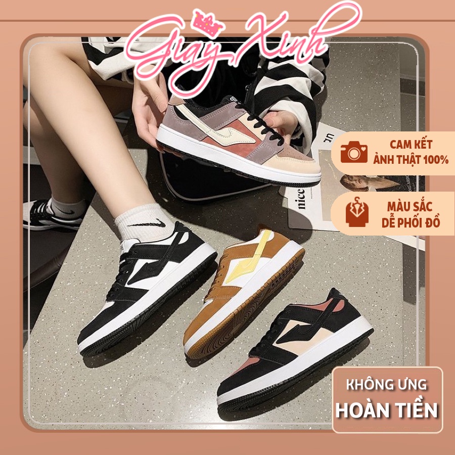 Giày thể thao nữ phối da lộn, Giày sneaker đế bằng cao 4cm mềm êm giá rẻ học sinh đi học đi chơi đơn giản
