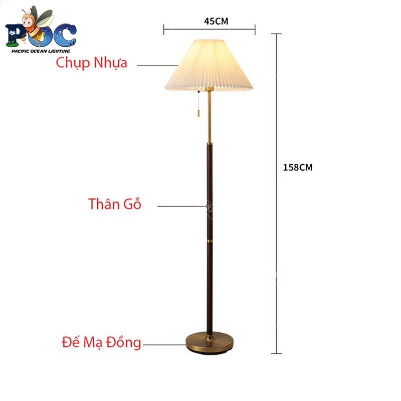 Đèn Cây Trang Trí Phòng Ngủ Thân Gỗ Đế Hợp Kim Mạ Vàng Đèn Đứng Phòng Khách Chao Xếp Ly Quý Phái Sang Trọng POC MB8090