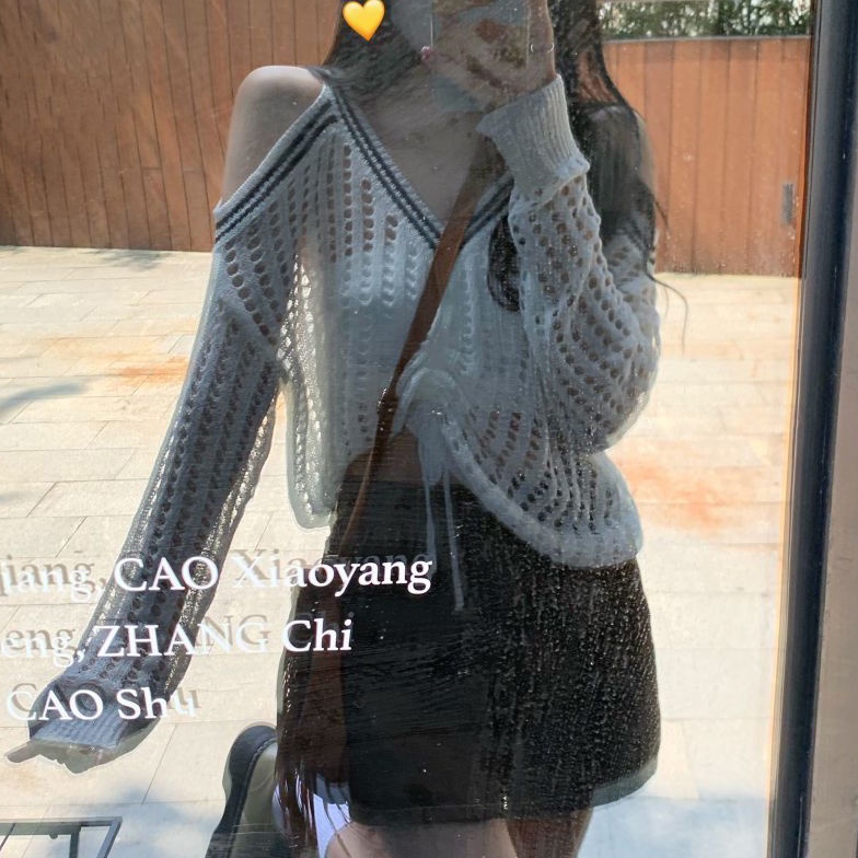 COZOK Áo Cardigan Dệt Kim Tay Dài Dáng Rộng Cổ Chữ V Hở Vai Phối Dây Rút Thời Trang