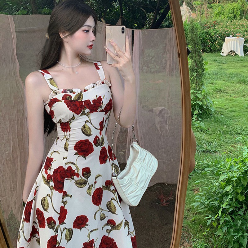 Đầm Lửng Hai Dây Họa Tiết Hoa Thời Trang Mùa Hè Hàn Quốc Cổ Điển Dành Cho Nữ