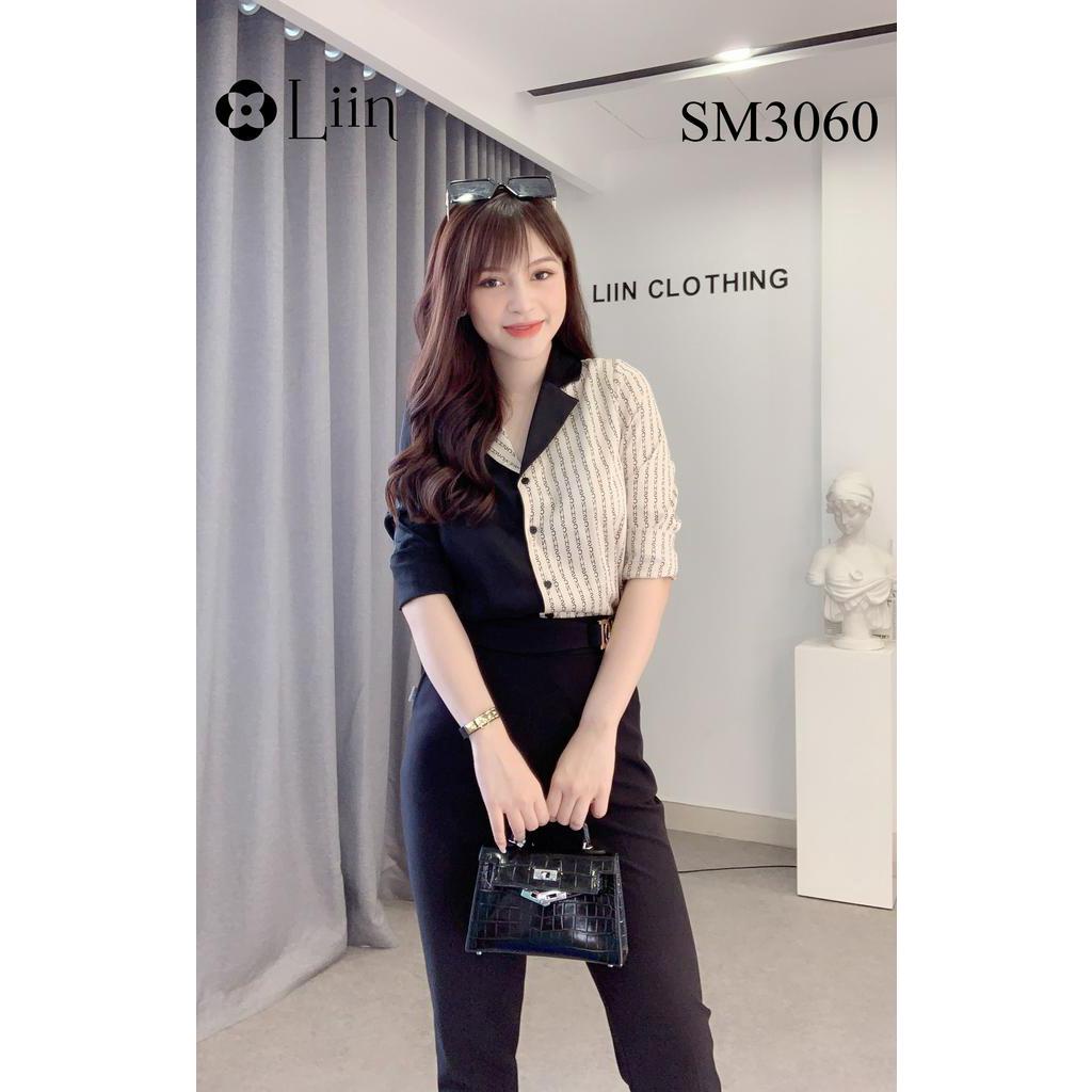 Áo sơ mi nữ màu Đen cao cấp phối Chữ kết hợp Cổ Vest sành điệu Liin Clothing SM3060