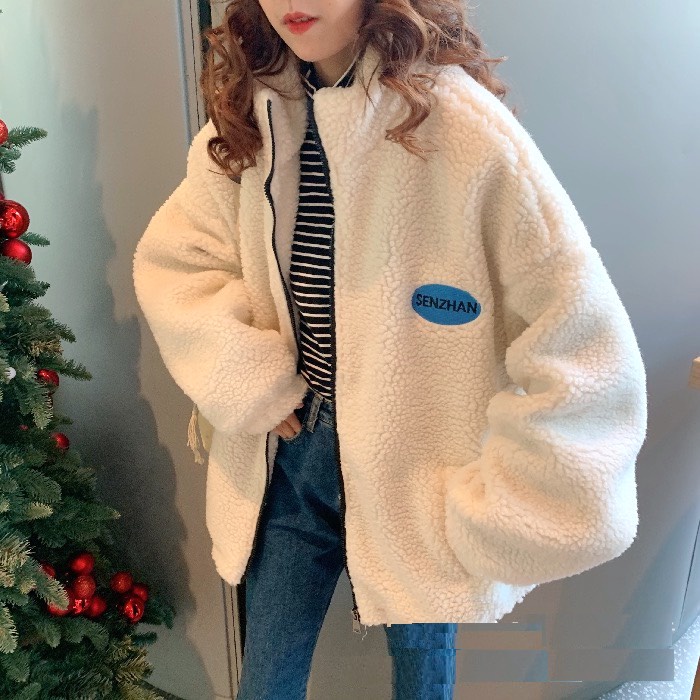 Áo Khoác Lông Tay Bồng Senzhan Unisex - Jacket lót bông dài tay oversize nam nữ, nỉ khóa kéo mùa đông họa tiết ngực trái