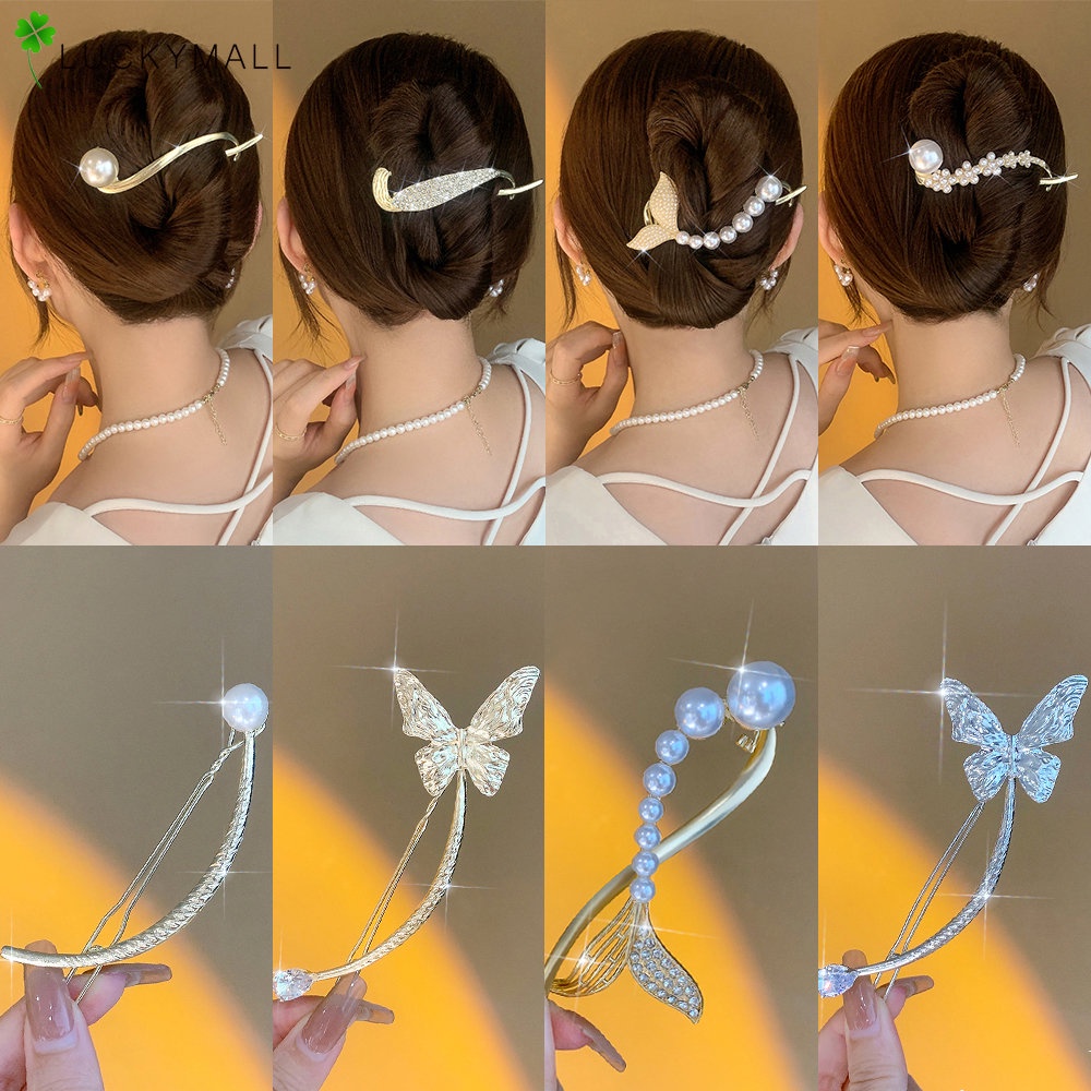 Kẹp Tóc Hình Nơ / Bướm / Hoa Đính Ngọc Trai Màu Vàng / Bạc Thời Trang Xinh Xắn Cho Nữ