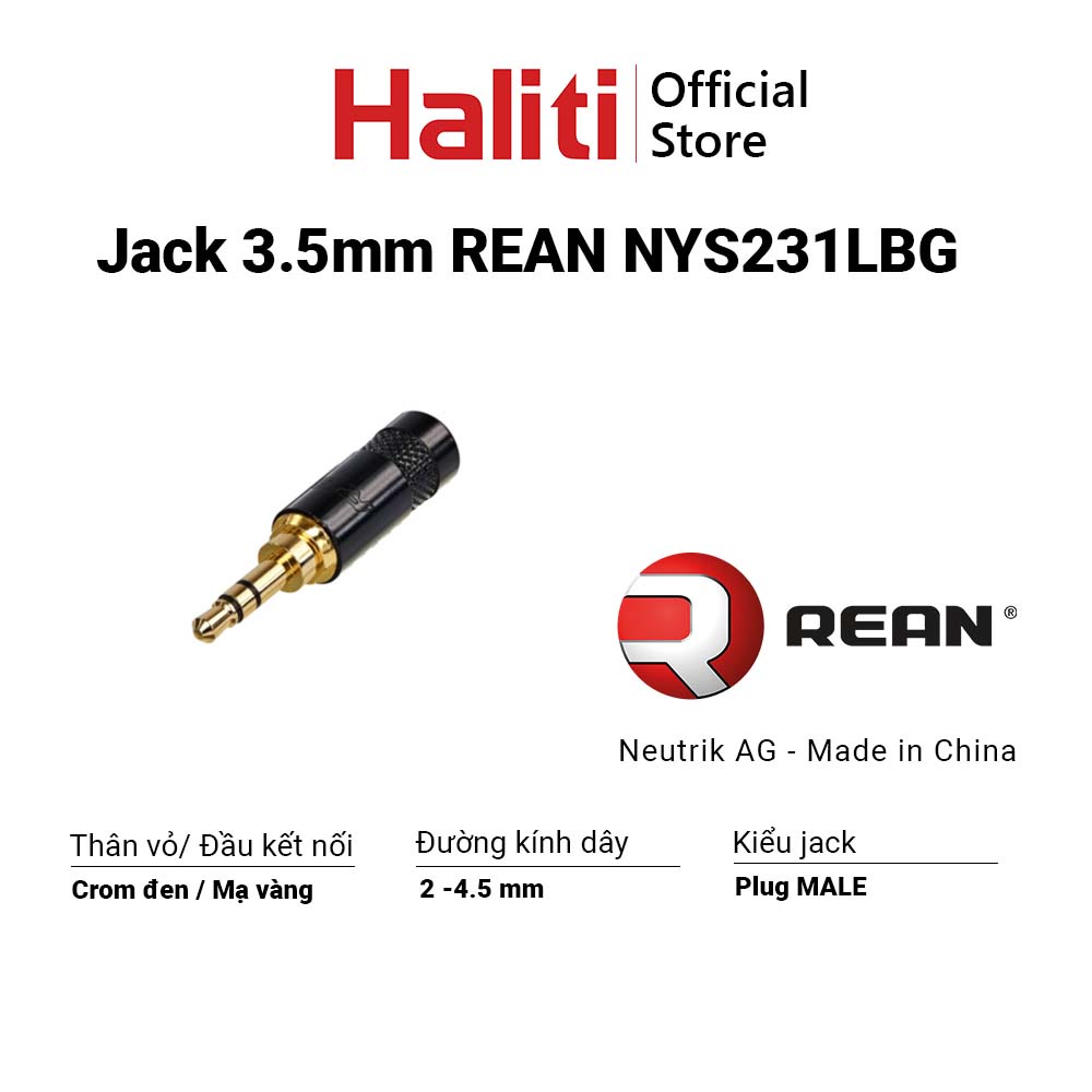Giắc 3.5mm stereo Rean NYS231LBG chân kết nối mạ vàng, vỏ kim loại crom đen - Haliti Online Store