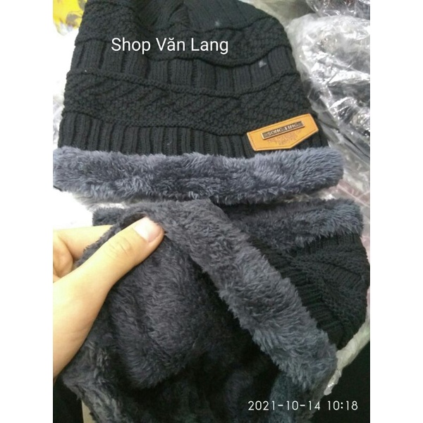 Set mũ len kèm khăn cổ lót lông cao cấp