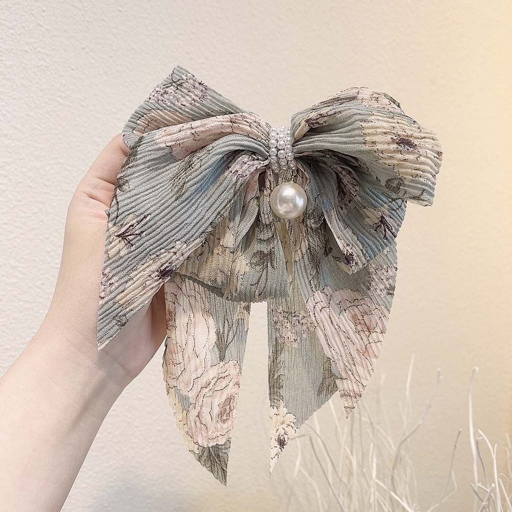 Summer Korean Floral Pearl Chiffon Bow Hairpin Cute Women's Sweet Temperament Spring Clip Hair Accessories