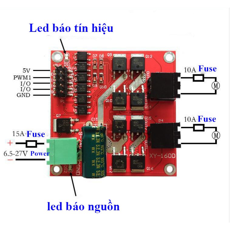 Mạch Điều Khiển Tốc Độ Động Cơ - 2 cầu H - 2x160W 12v 24V 7A