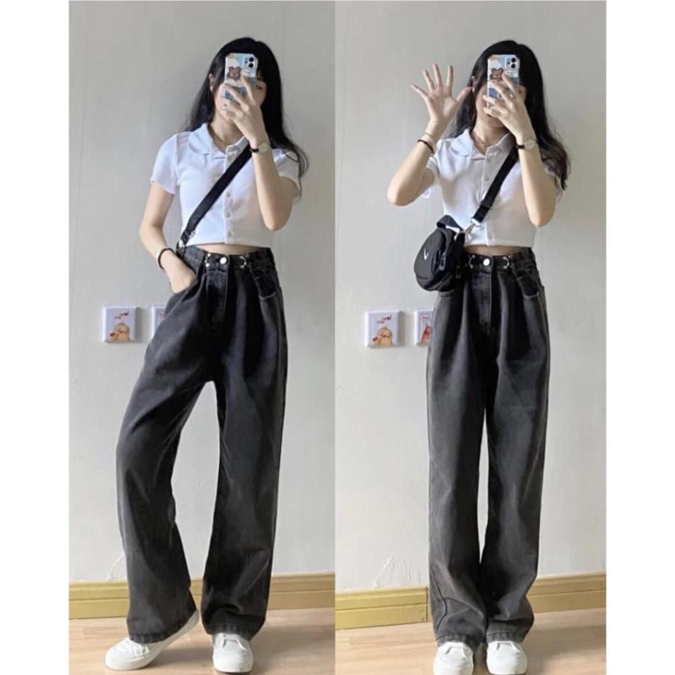 Quần Jean Ống Rộng GÀI EO - ĐEN KHÓI Unisex