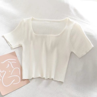 Áo len tăm dệt kim croptop nữ tay ngắn cổ vuông polo Hàn Quốc 2021 New Arival